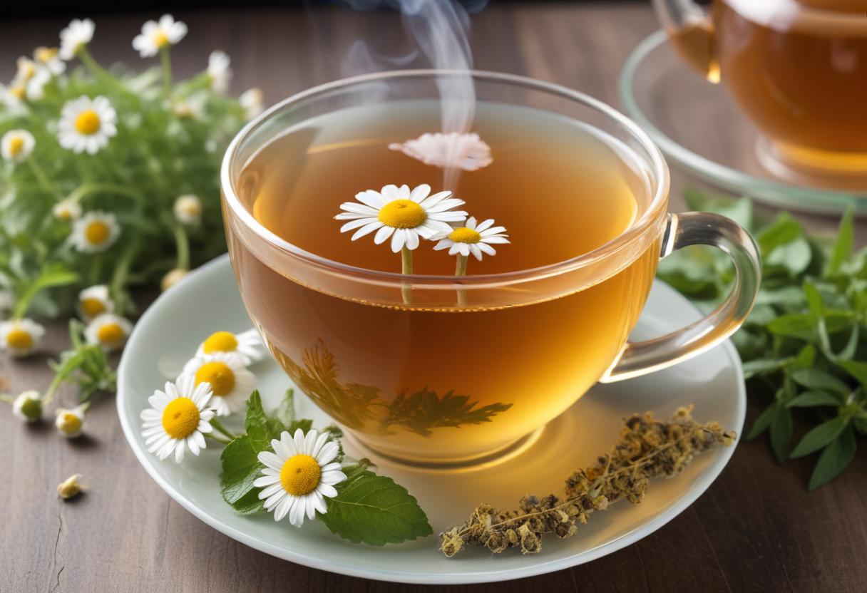 A warm cup of herbal tea with natural ingredients, emphasizing health benefits.