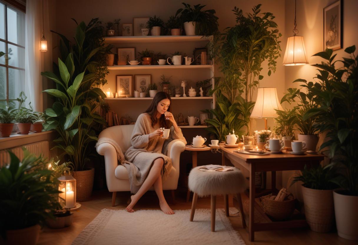 A cozy scene of an individual enjoying herbal tea in a peaceful setting, showcasing the comfort of tea culture.