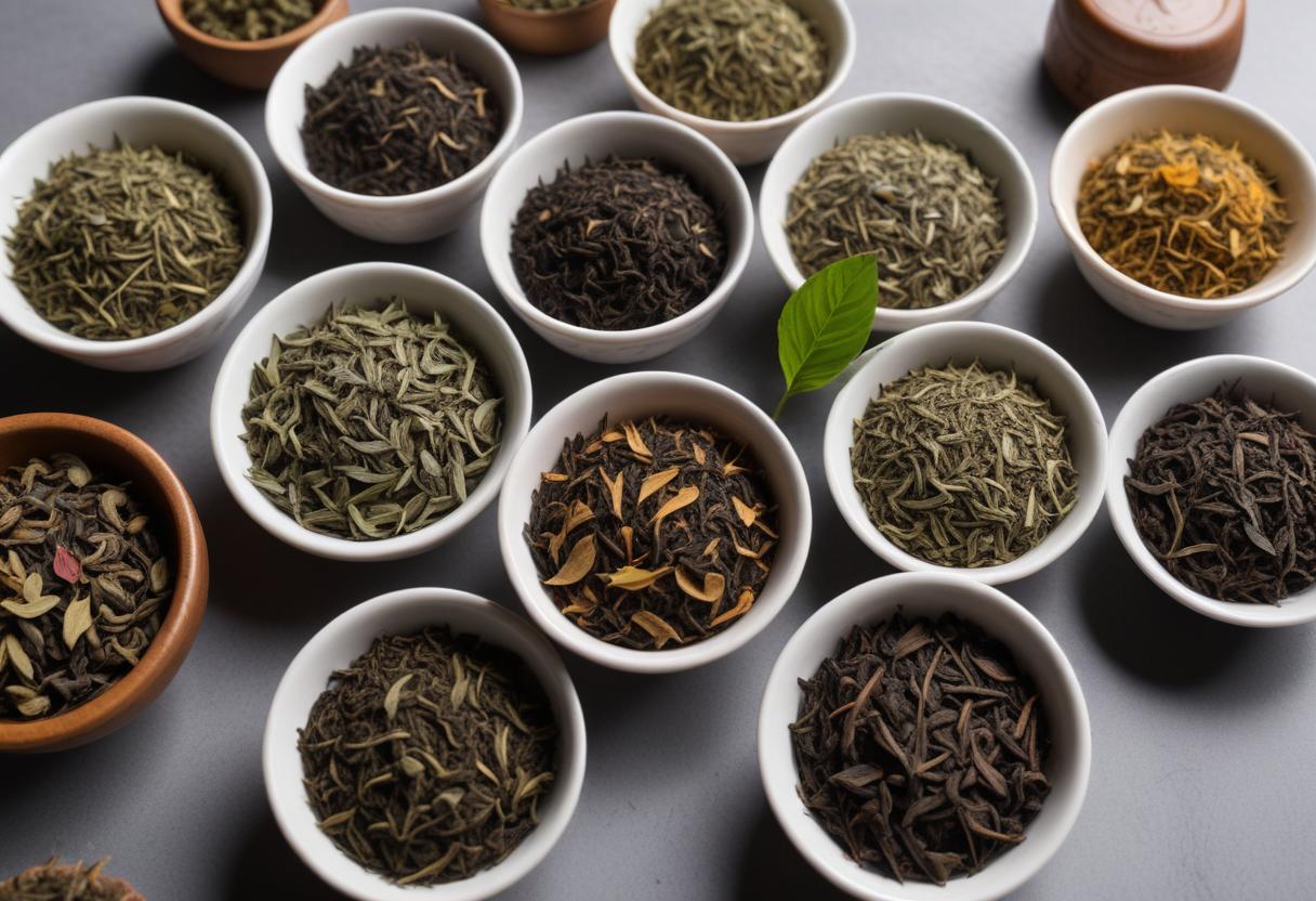 Various quality tea leaves and herbs in bowls, emphasizing the importance of quality in tea preparation.