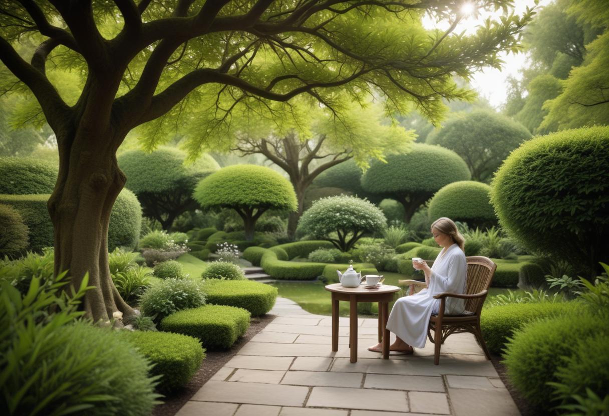 A serene garden scene with a person enjoying tea, illustrating relaxation and stress relief.
