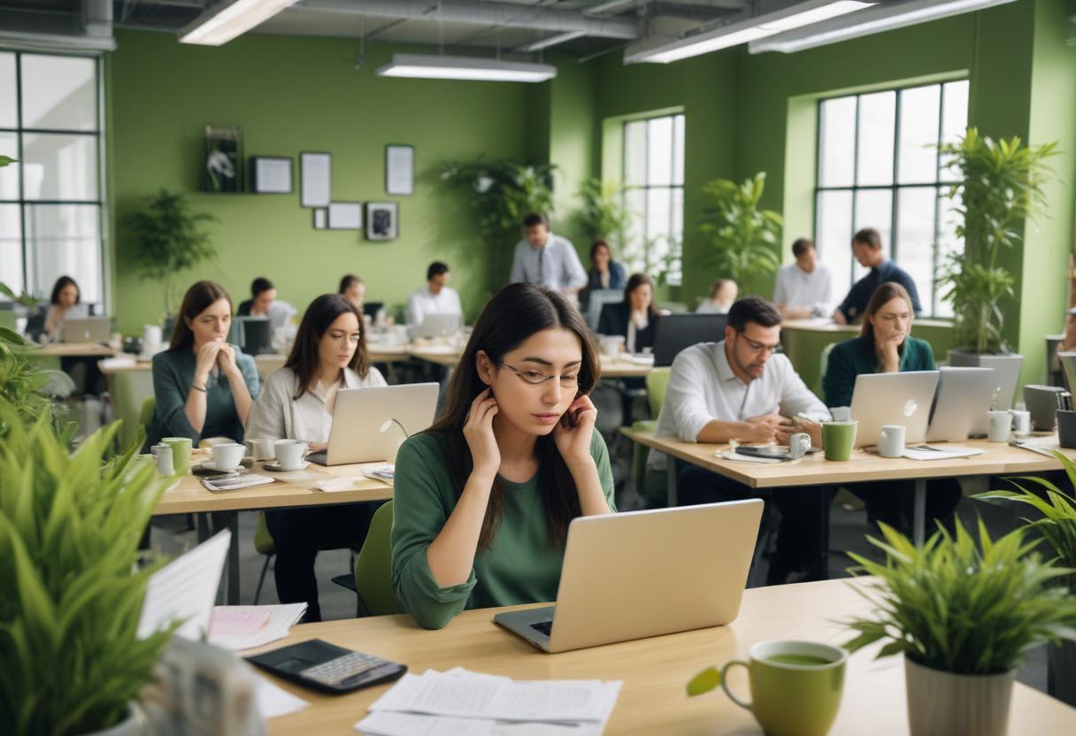 Contrast of stress and relaxation: office chaos vs enjoying green tea.
