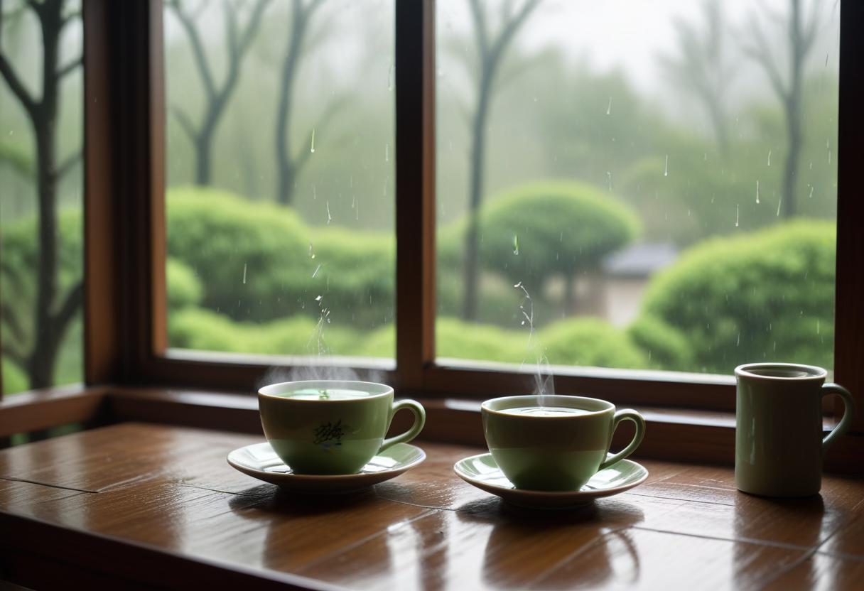 Cozy green tea scene with rain outside, promoting relaxation and tranquility.