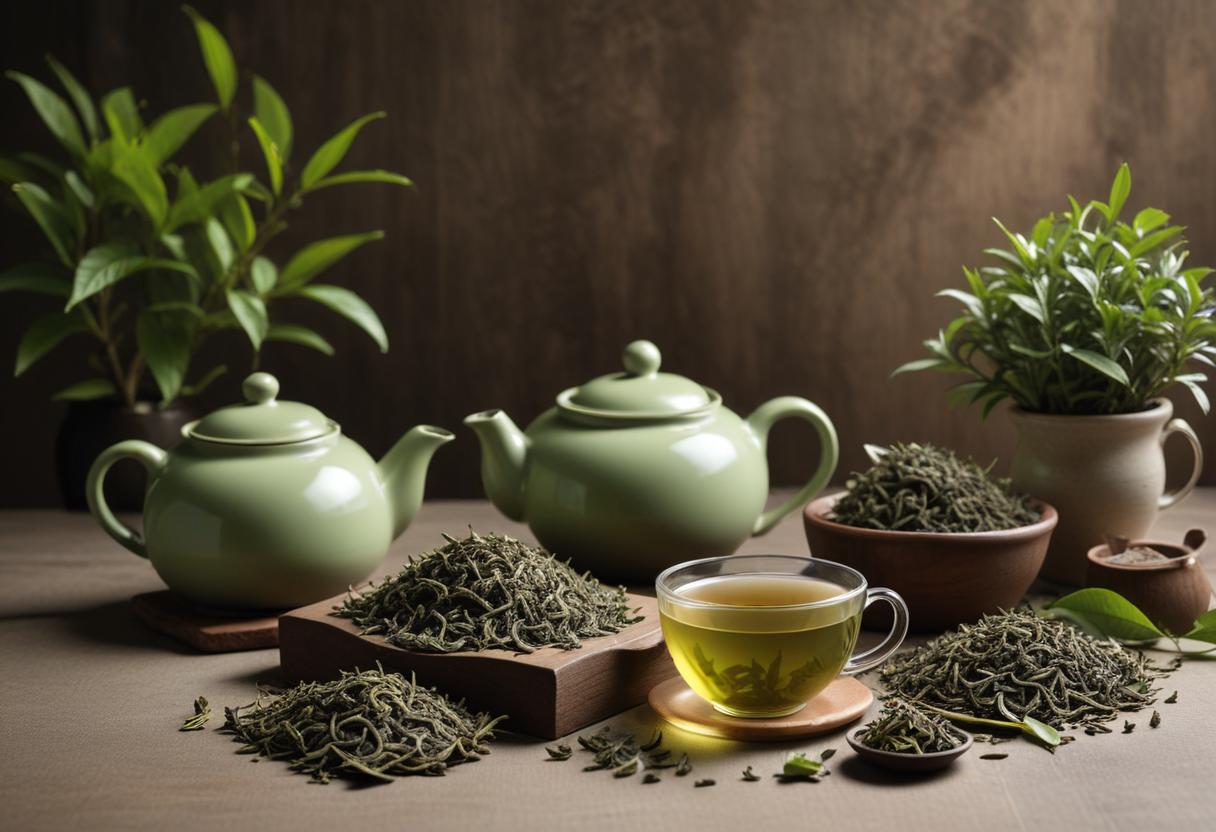 Natural green tea leaves with teapot, symbolizing the purity and natural quality of green tea.