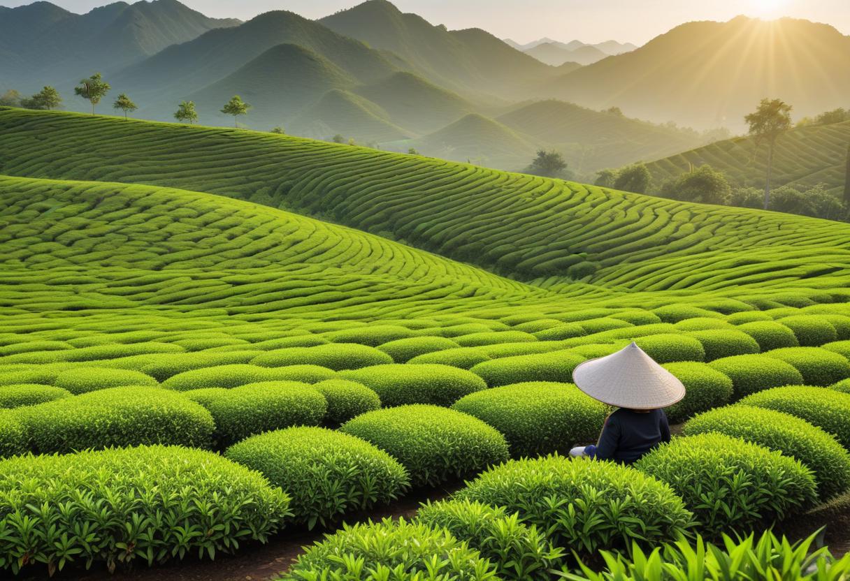 Serene tea garden in Thai Nguyen, highlighting the beauty of Thai Nguyen tea.