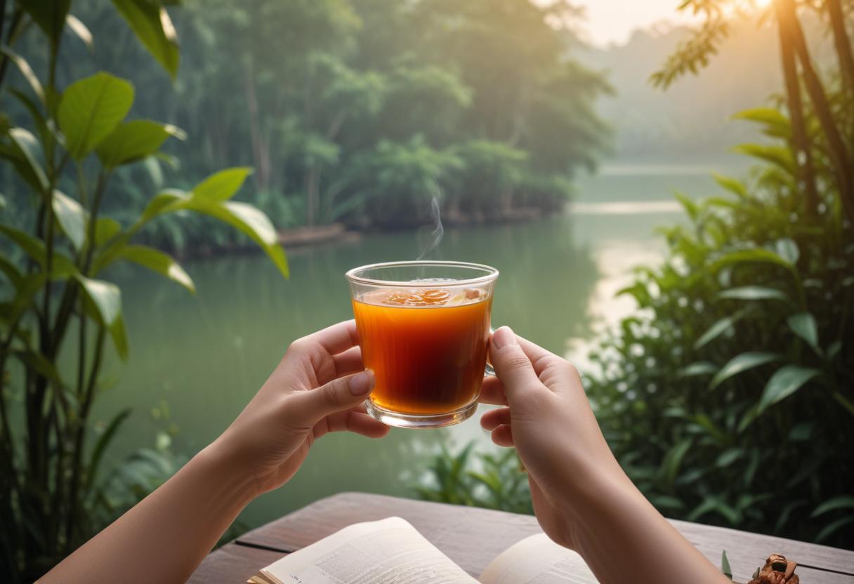Relaxation with Thai Nguyen tea, demonstrating its stress-relief properties.