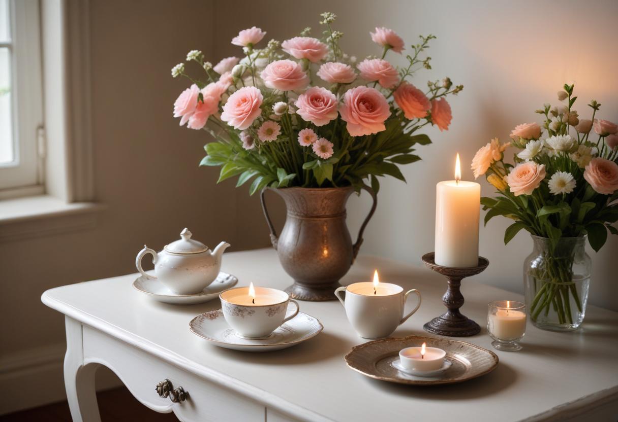 A tranquil space with a tea table, candle, and flowers, encouraging immersion in nature.