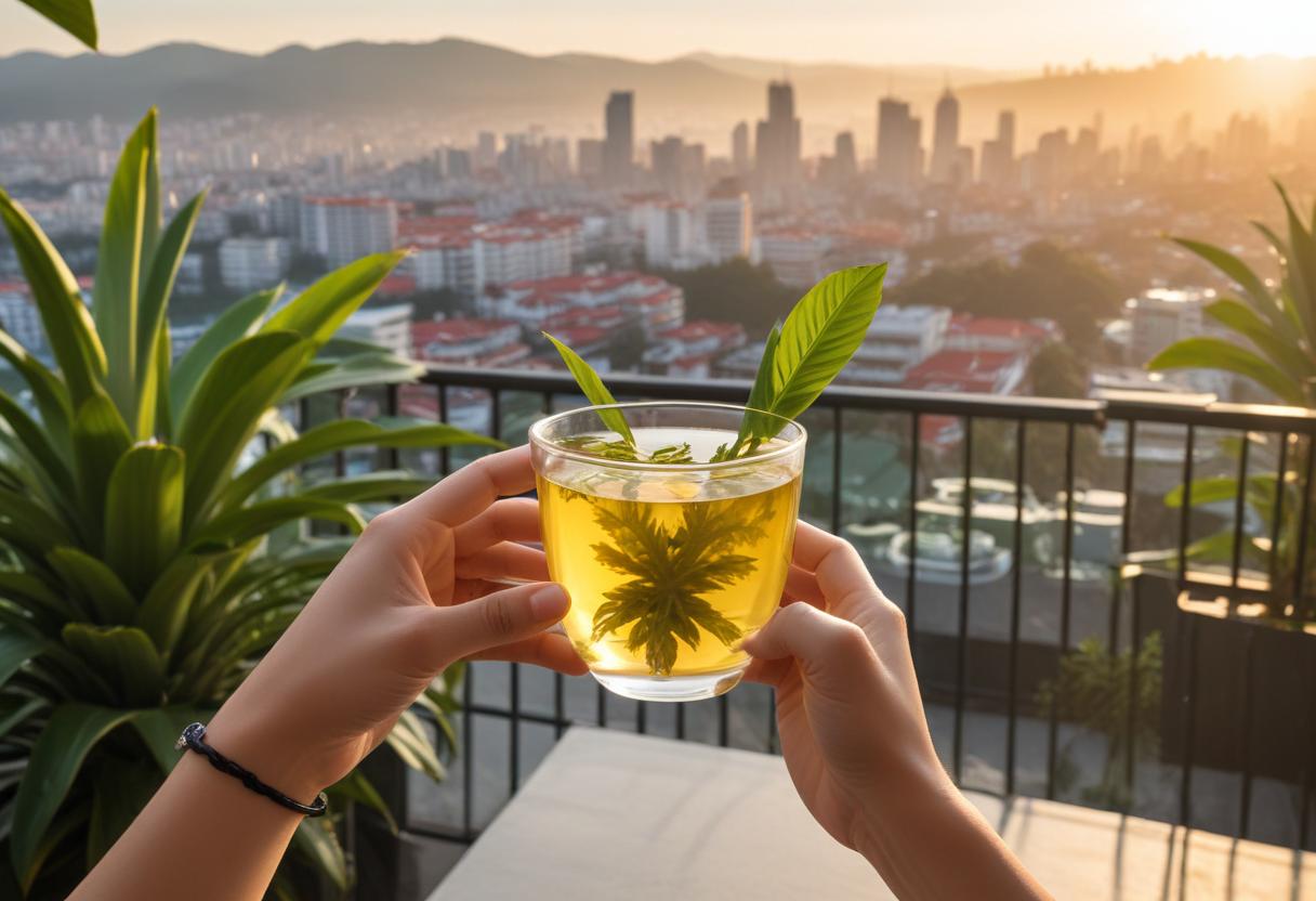 A person enjoying pineapple leaf tea on a terrace, conveying a feeling of peace for mental wellness.