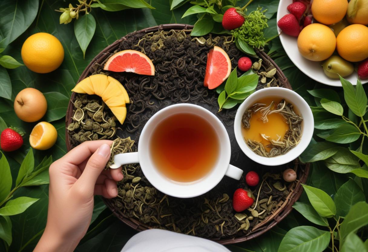Ly trà Oolong cùng các thành phần dinh dưỡng trong môi trường thiên nhiên, tăng cường sức khỏe và thư giãn.