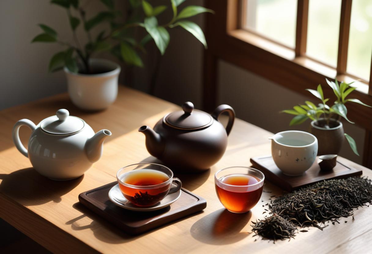 Bộ dụng cụ pha trà Oolong sang trọng với lá trà khô, thể hiện sự tinh tế trong nghệ thuật pha trà.