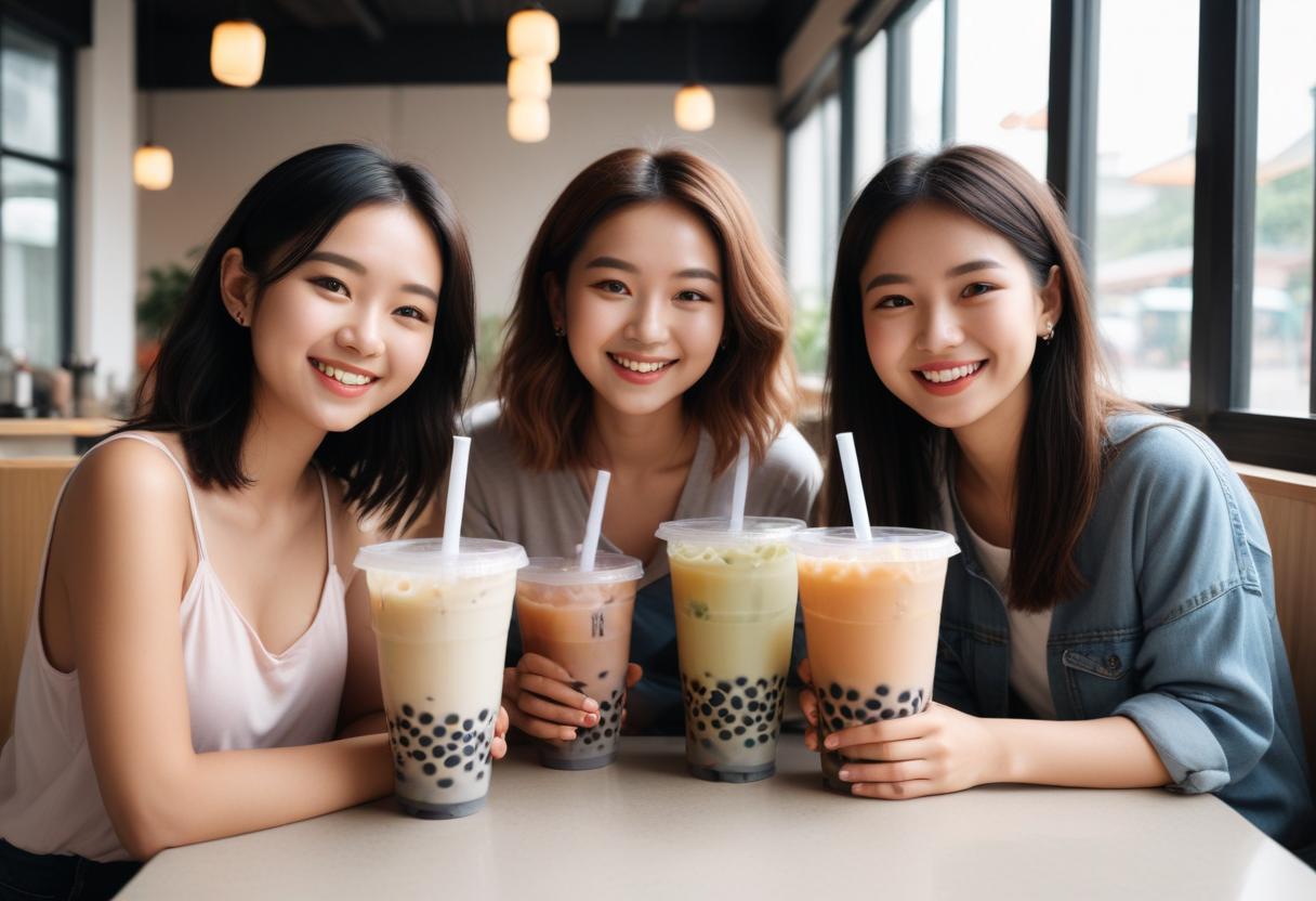 Nhóm bạn trẻ cùng thưởng thức trà sữa tại quán cafe, tạo cảm giác vui vẻ và thư giãn.