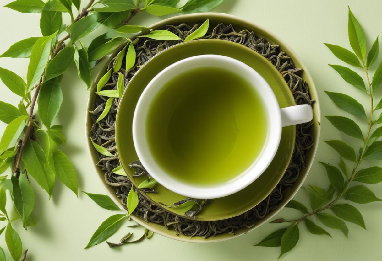Hình ảnh cốc trà xanh làm từ trà nguyên chất, vừa mắt và tươi mát, đại diện cho trà xanh và trà thảo mộc.
