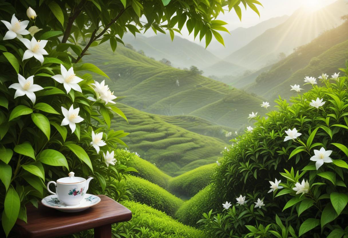 Khung cảnh cây trà và hoa nhài nở cùng trang trí, biểu trưng cho trà thảo mộc tự nhiên và sự thư giãn.