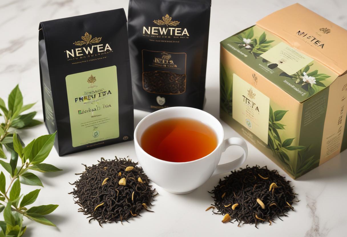 Các gói trà đen Newtea cao cấp cùng với búp trà tươi và ly trà đã pha, biểu trưng cho chất lượng và hương vị tuyệt vời.