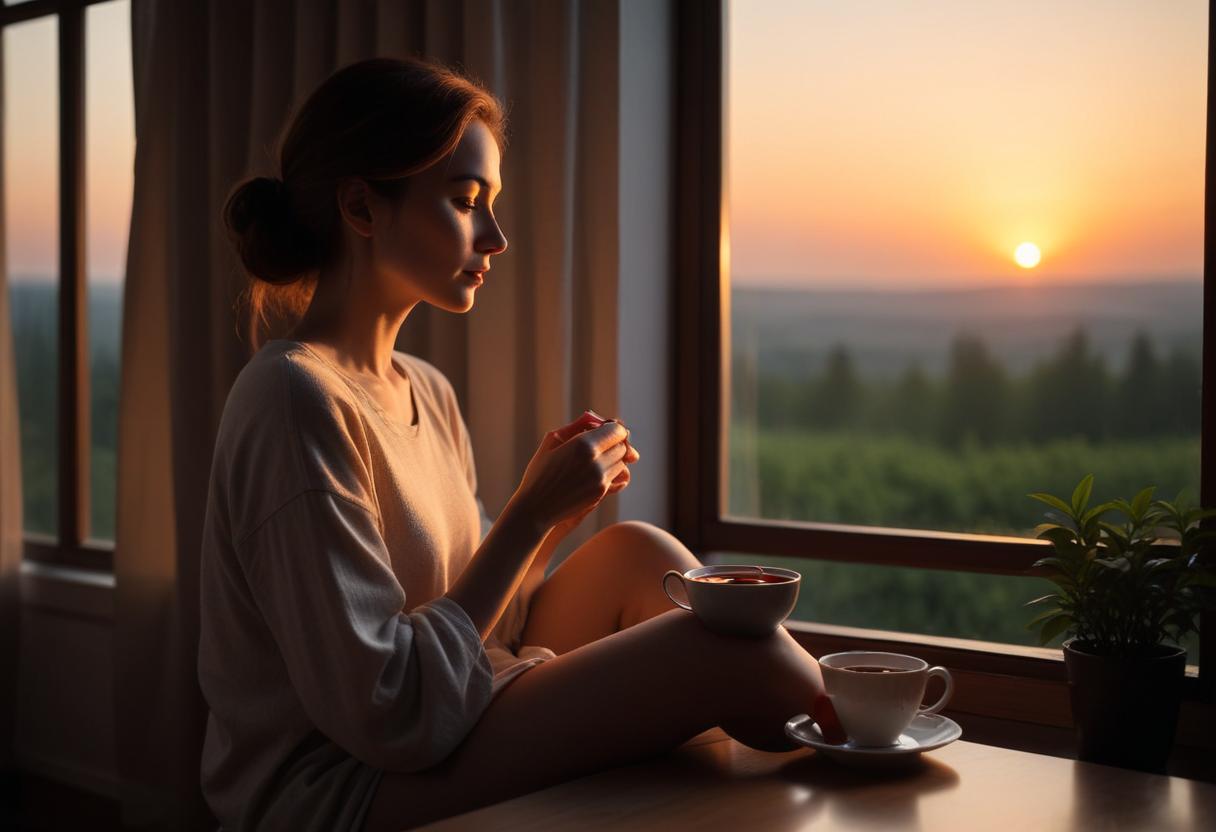 Người phụ nữ uống trà đen bên cửa sổ trong buổi hoàng hôn, thư giãn sau giờ làm việc.