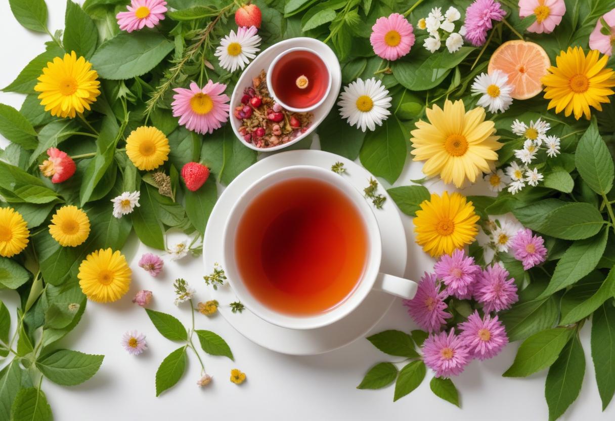 Cốc trà thảo mộc với nguyên liệu tự nhiên, biểu trưng cho sức khỏe từ thiên nhiên