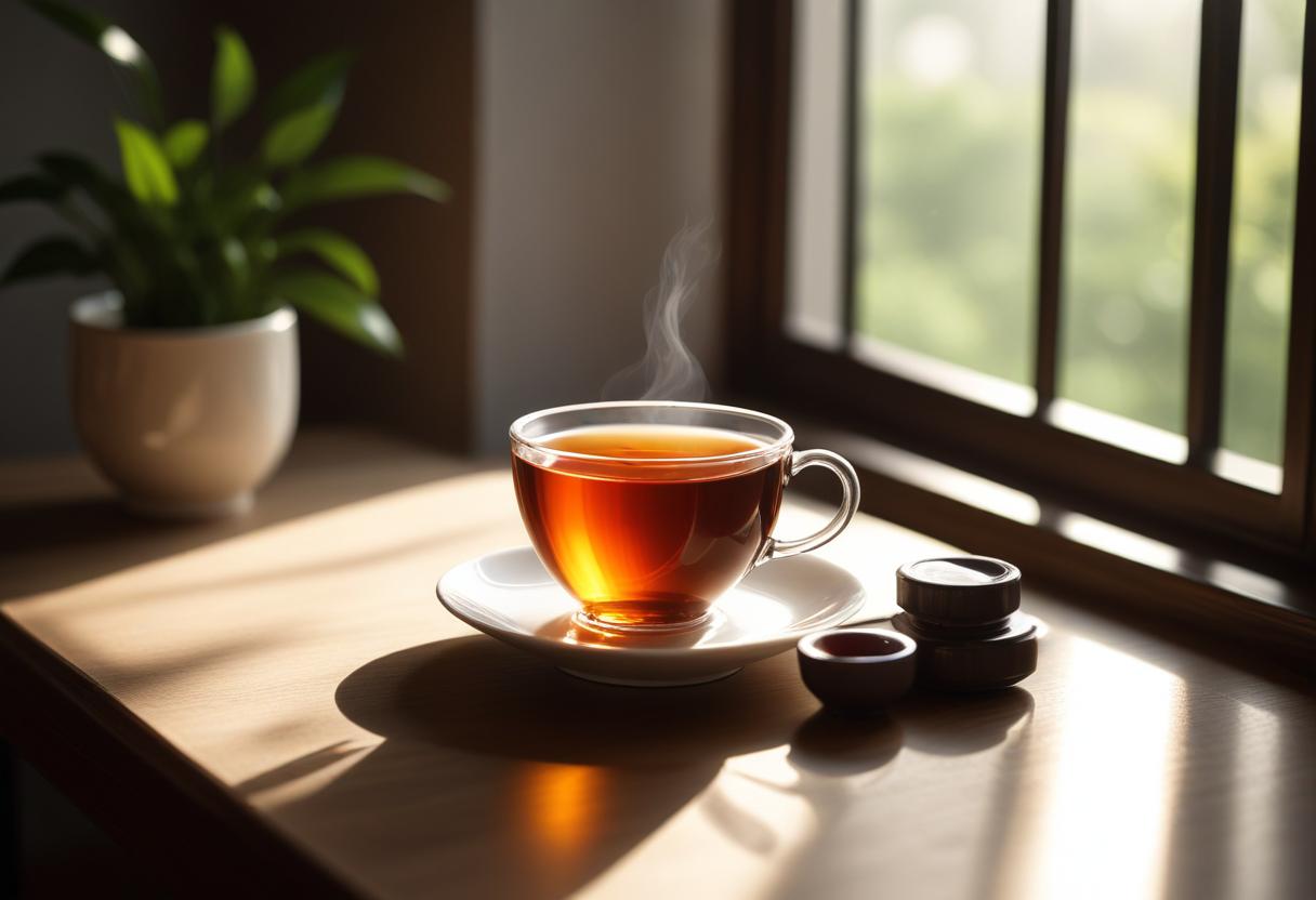 Tách trà cao cấp trên bàn với ánh sáng tự nhiên, thể hiện không khí thư giãn và tinh tế