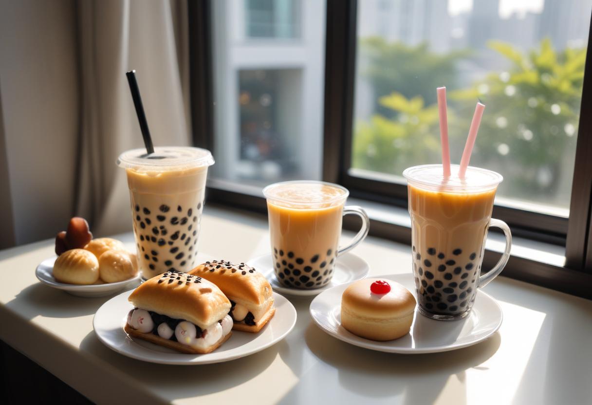 Buổi trà chiều bên cửa sổ với ly trà sữa và bánh ngọt, tạo cảm hứng cho sự sáng tạo trong pha chế.