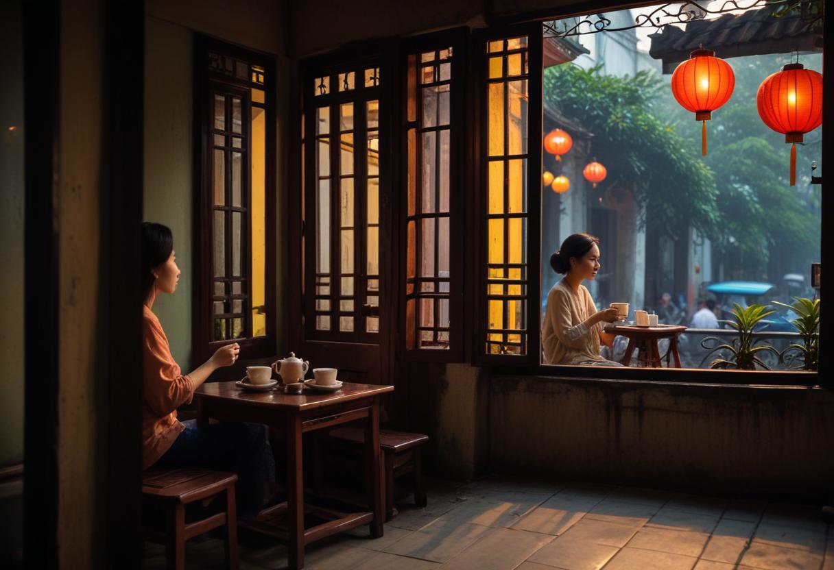 Người phụ nữ trải nghiệm thưởng trà Việt bên cửa sổ nhìn ra phố Hà Nội.