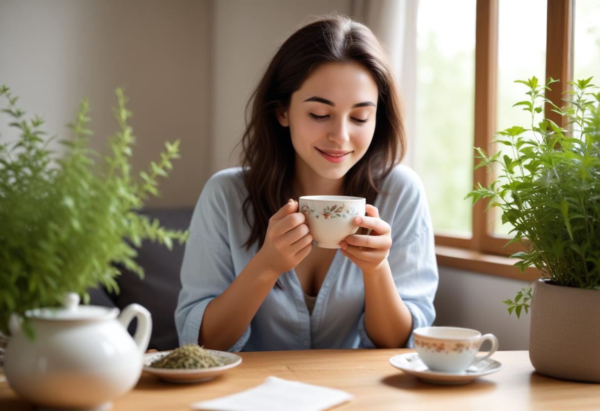 Người phụ nữ thưởng thức trà thảo mộc trong không gian yên tĩnh, mô tả cảm giác thư giãn và tái tạo năng lượng, có từ khóa trà thảo mộc