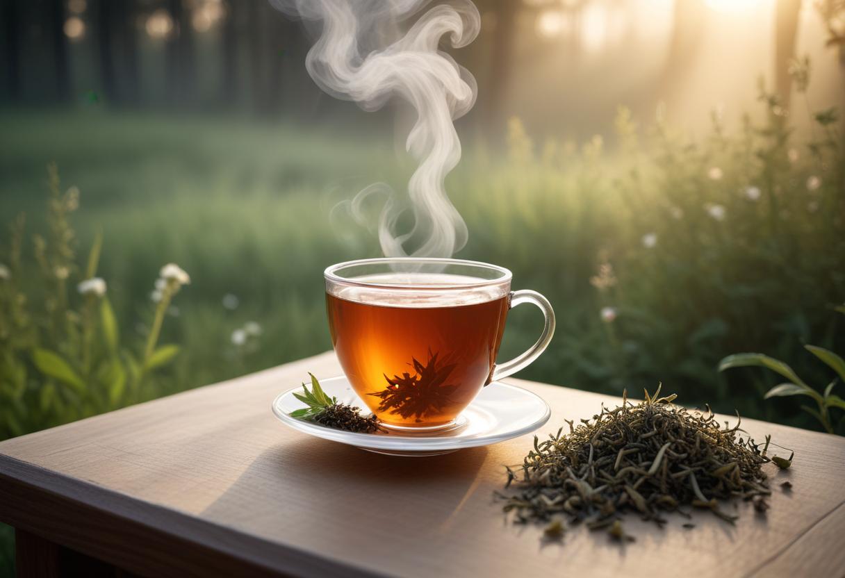 Tách trà thảo mộc nóng giữa thiên nhiên thư giãn