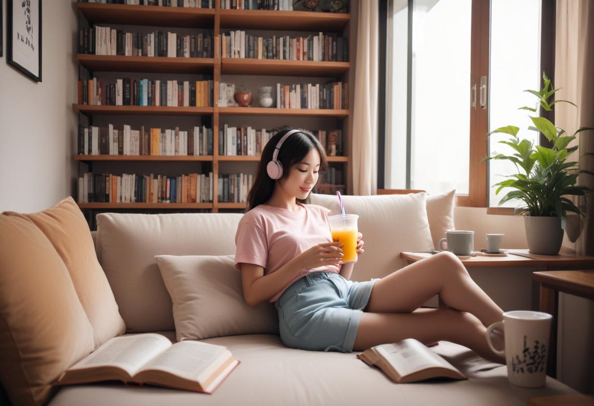 Hình ảnh người thư giãn tại nhà với ly trà sữa trong tay, tạo không gian ấm cúng và yên bình