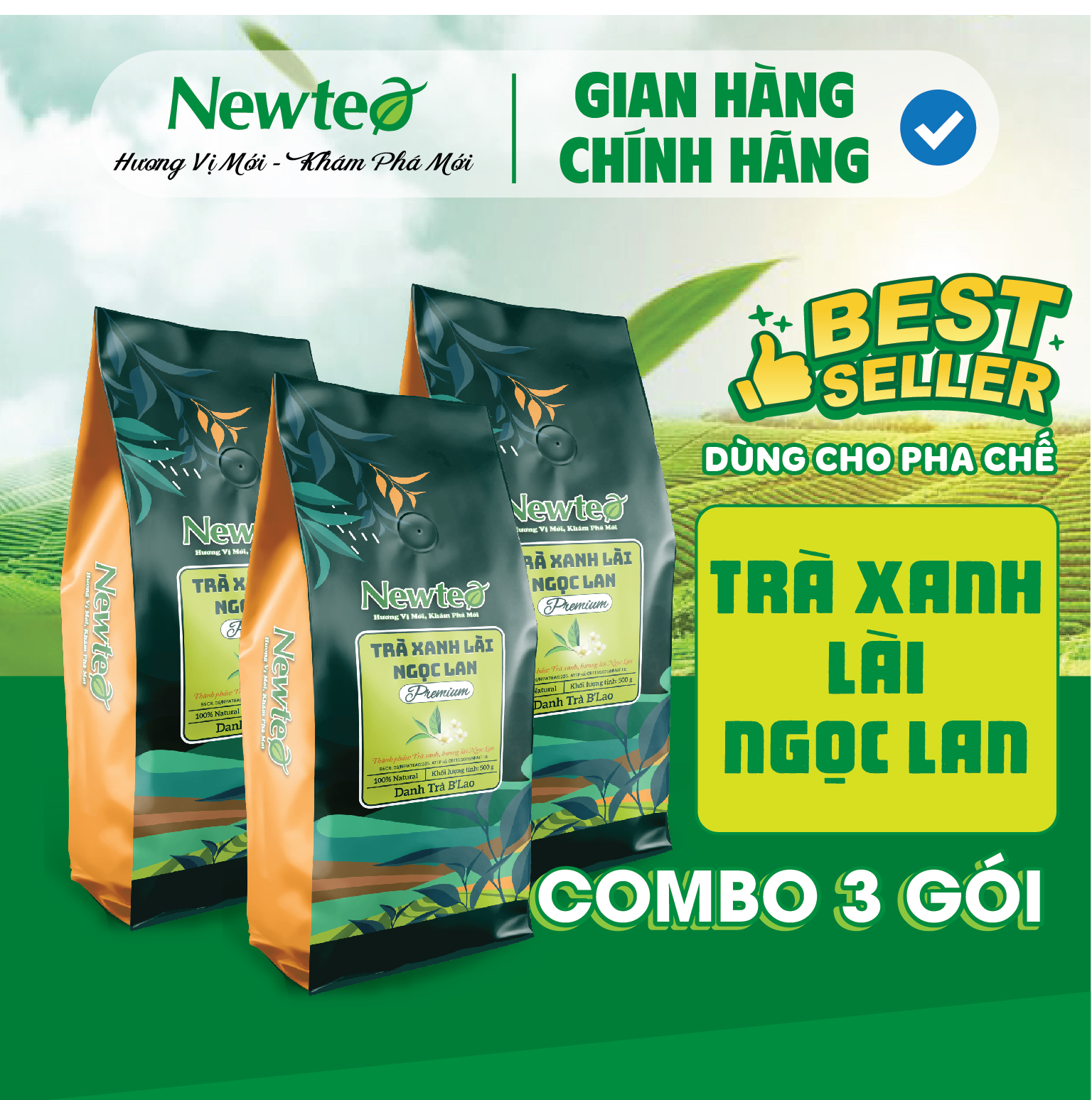 Combo 3 Gói Trà Xanh Lài Ngọc Lan Cao Cấp Newtea 1500gr - Chuyên Pha Trà Chanh, Trà Tắc