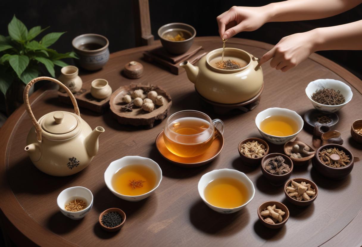 Quá trình pha trà hồng sâm với nguyên liệu và dụng cụ cần thiết, thể hiện nghệ thuật thưởng thức trà