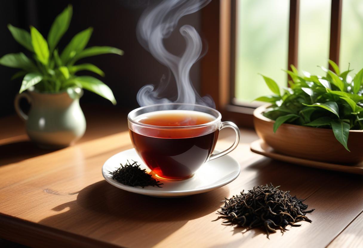 Tách trà đen ấm và lá trà tươi - Trà đen và sức khỏe