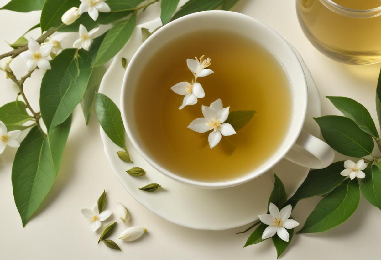 Hình ảnh tách trà lài với hoa lài và lá trà xanh, biểu tượng cho sự thanh khiết và yên bình.
