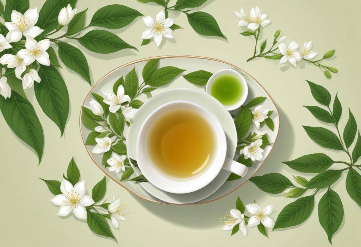 Những lợi ích sức khỏe nổi bật của trà lài với hoa lài và trà xanh.