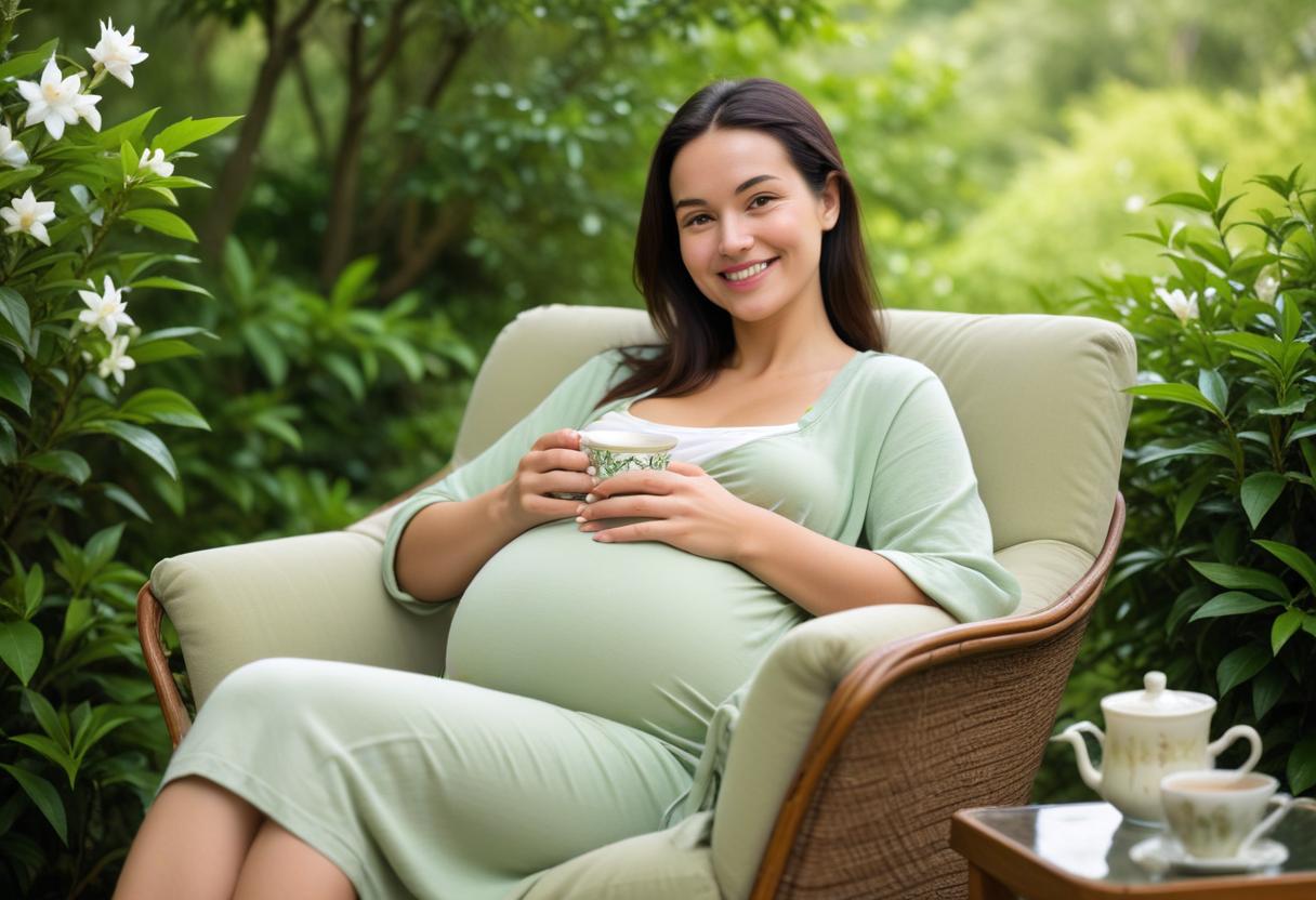 Người phụ nữ mang thai thưởng thức trà lài, tạo cảm giác thư giãn và an tâm cho mẹ bầu