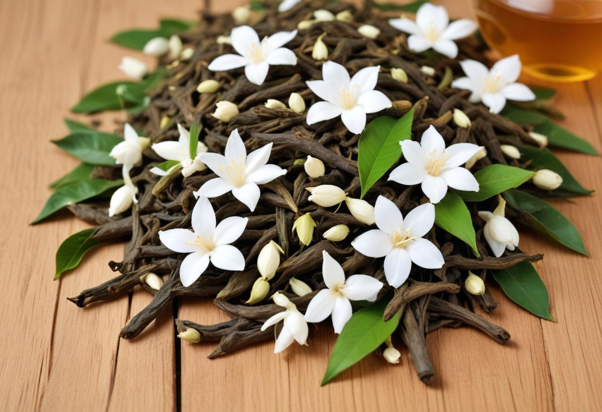 Lá trà lài tươi và hoa nhài trên nền gỗ