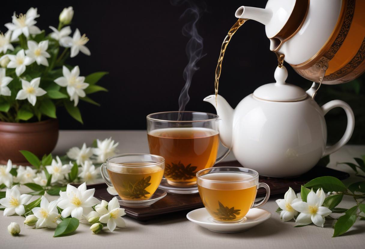 Trà lài nóng trong tách, bên cạnh là hoa lài tươi, thể hiện sự thư giãn