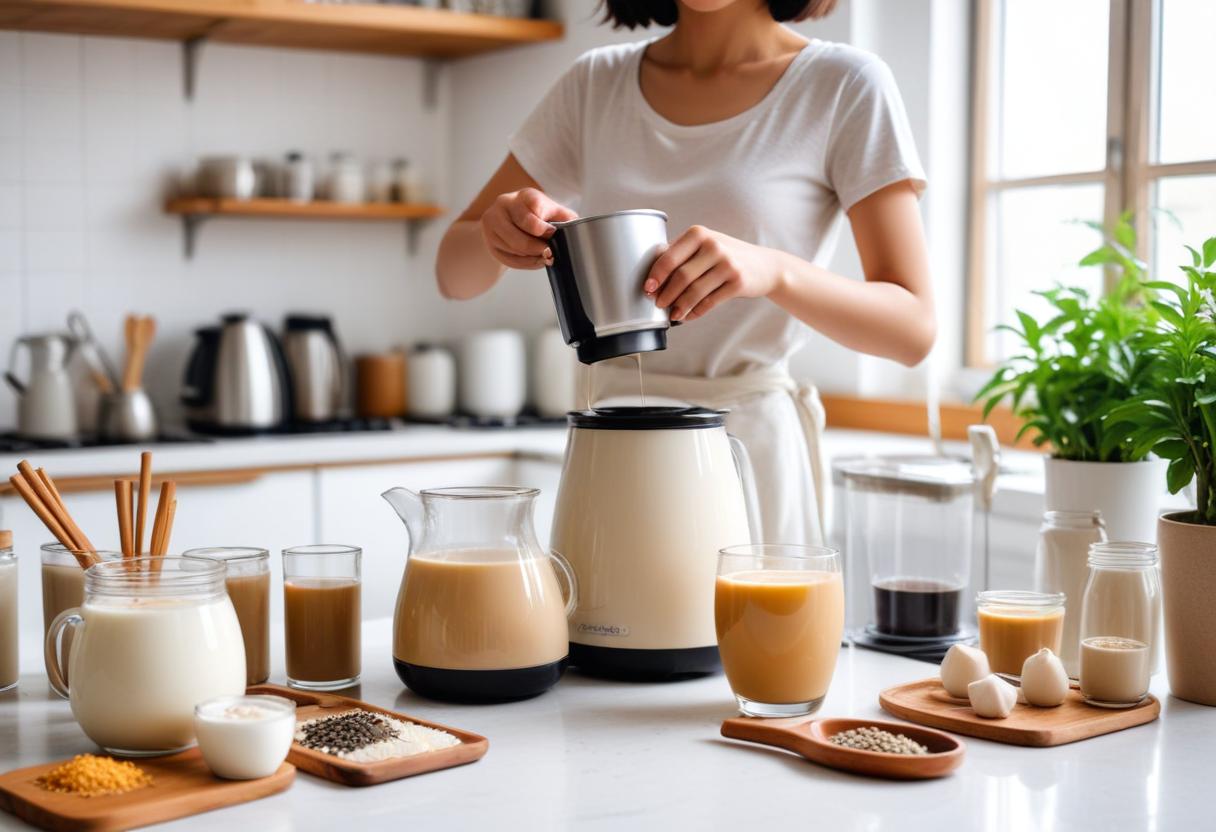 Người pha chế trà sữa lài tại nhà, thể hiện sự sáng tạo và thoải mái trong không gian bếp.