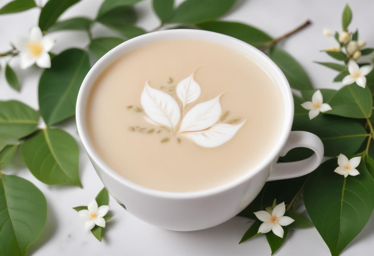 Ly trà sữa lài thơm ngon có lớp bọt sữa mịn và hoa lài tươi, tượng trưng cho sự kết hợp hoàn hảo của vị trà và hương hoa lài