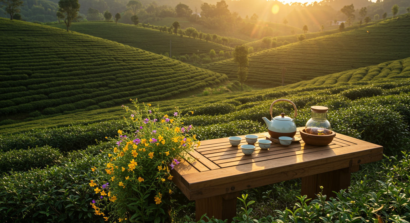 Bức tranh thể hiện vẻ đẹp yên bình của vườn trà, nơi hồng trà và trà đen hội tụ trong không gian yên tĩnh, mang đến những trải nghiệm tuyệt vời về trà.