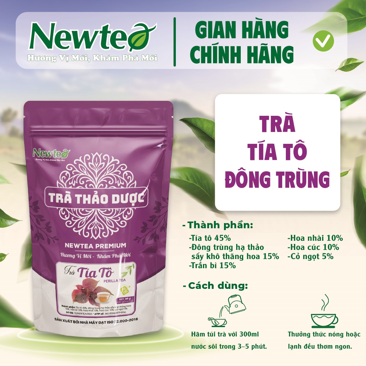 Trà Tía Tô Đông Trùng Thảo Dược Cao Cấp Newtea, Trà Túi Lọc Tiện Dụng, Gói 30 Túi Lọc x 2g