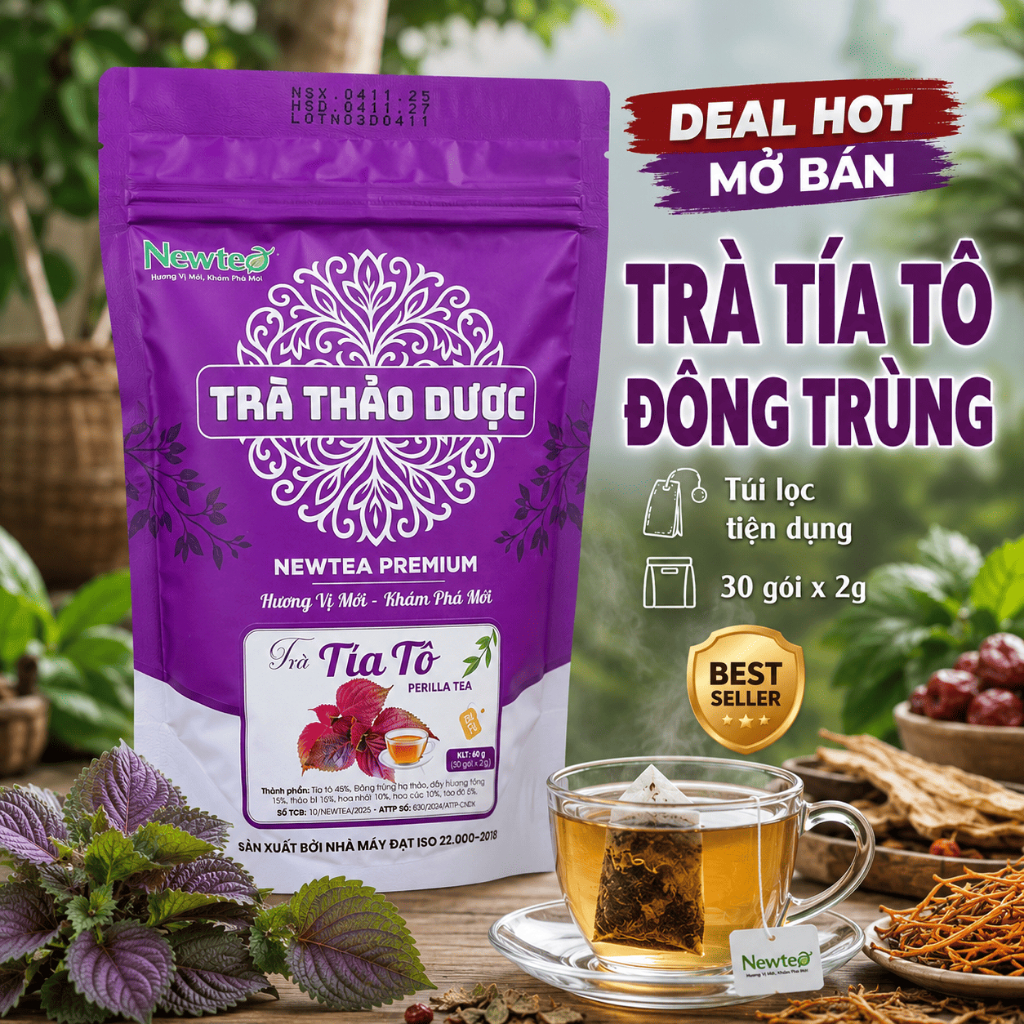 Trà Tía Tô Đông Trùng Thảo Dược Cao Cấp Newtea, Trà Túi Lọc Tiện Dụng, Gói 30 Túi Lọc x 2g