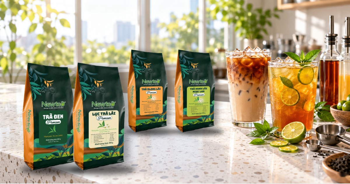 Các loại trà nền Newtea: trà đen, lục trà lài, xanh lài Ngọc Lan, olong lài, Sâm Dứa, Hương Lài